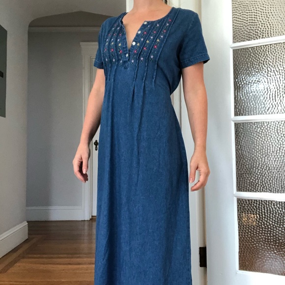 Denim Maxi Dress with Floral Embroidery - Picture 1 of 7